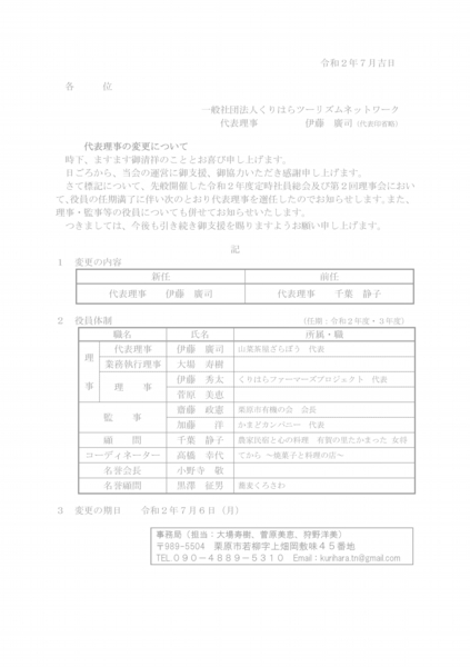 代表理事の変更について